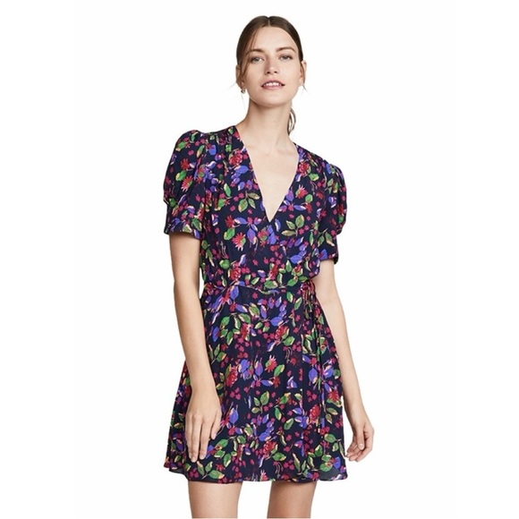 Saloni Wrap Dress Floral Puffy Short Sleeve Rayon Sz US 4 - Picture 3 of 15